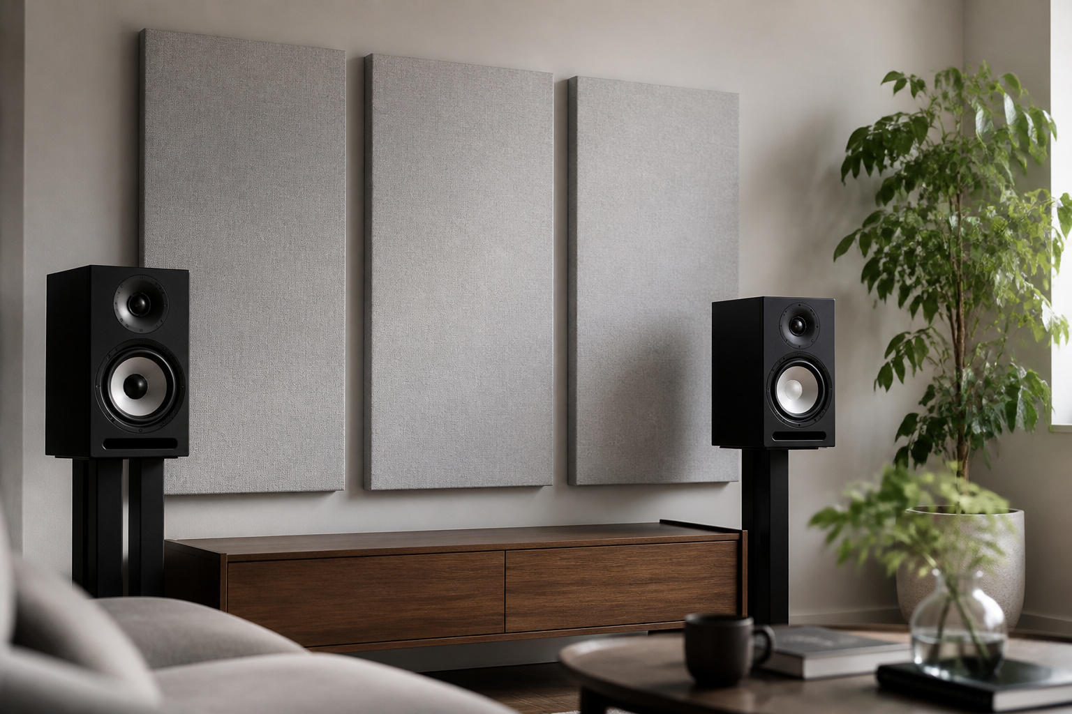 Fabric acoustic panels on a wall behind speakers