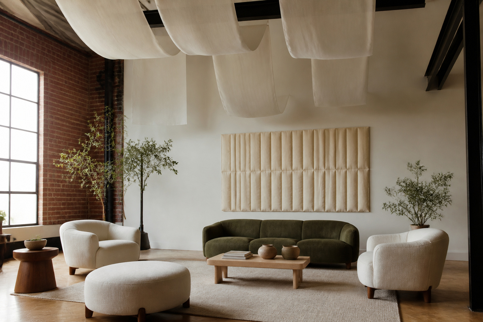 High-ceilinged room with fabric wall hangings