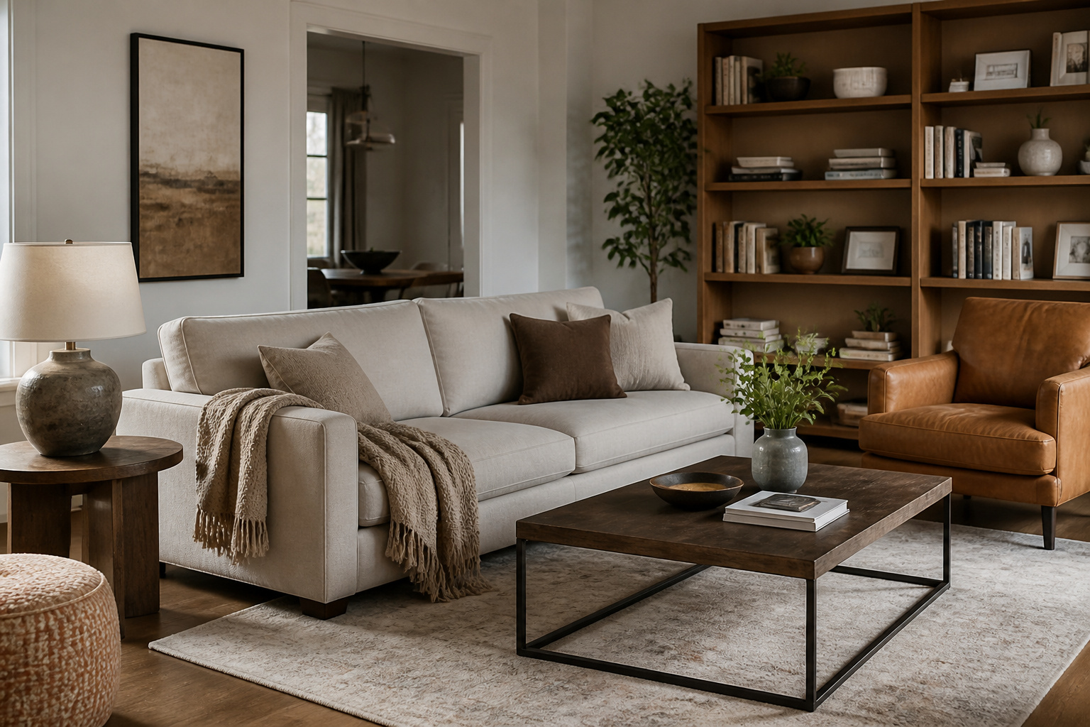 Furnished living room with sofa, armchair, and bookshelf