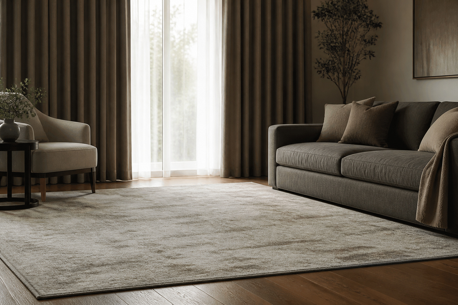 Heavy curtains and a large area rug on hardwood