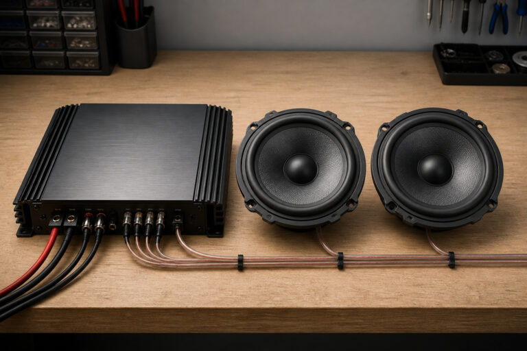 Car audio amplifier and door speakers laid out on a workshop bench