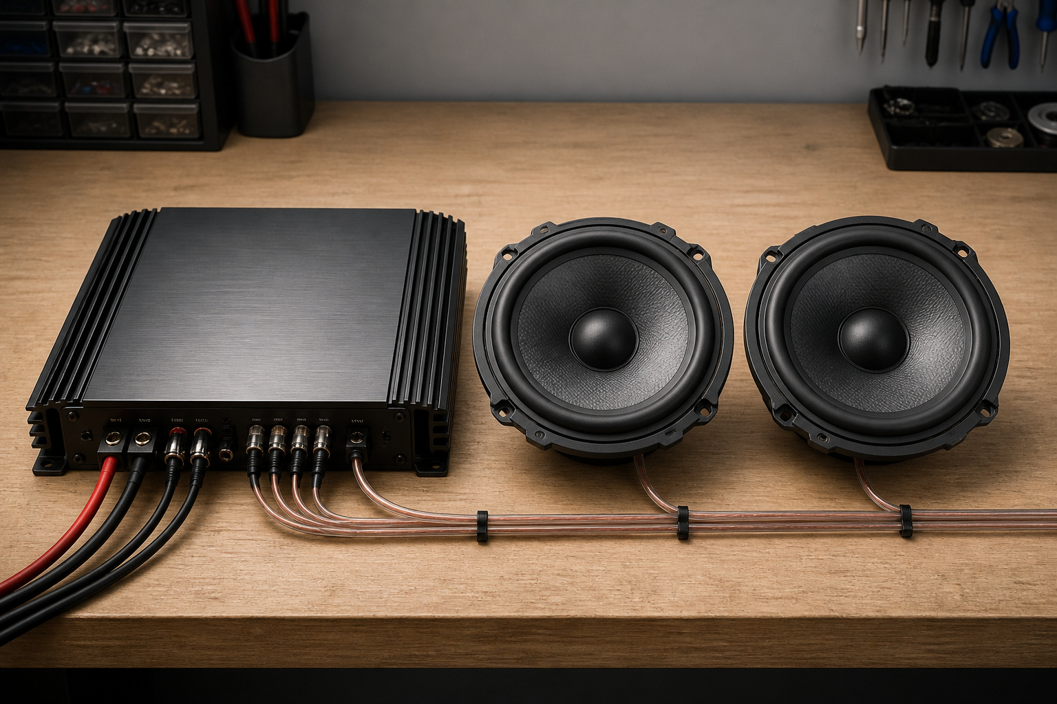 Car audio amplifier and door speakers laid out on a workshop bench