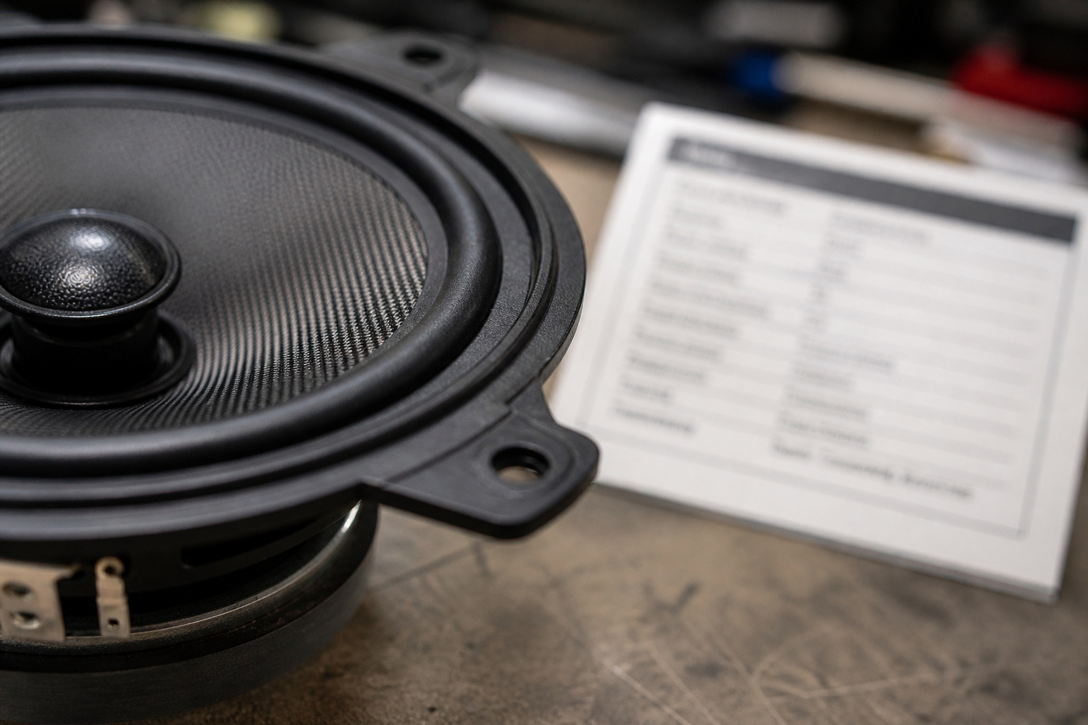 Car speaker with a blurred spec label on a workbench