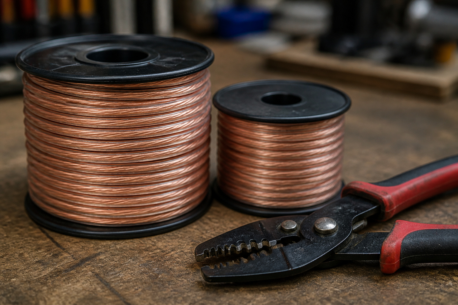 Two spools of speaker wire in different thicknesses