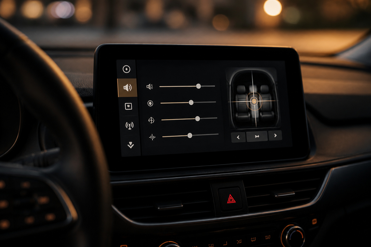 Car head unit sound settings glowing on the dashboard