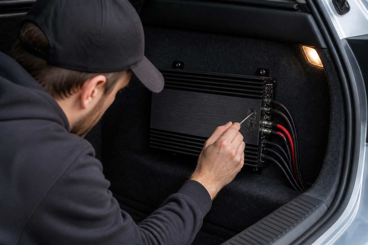 Person adjusting the gain on a car amplifier in a trunk