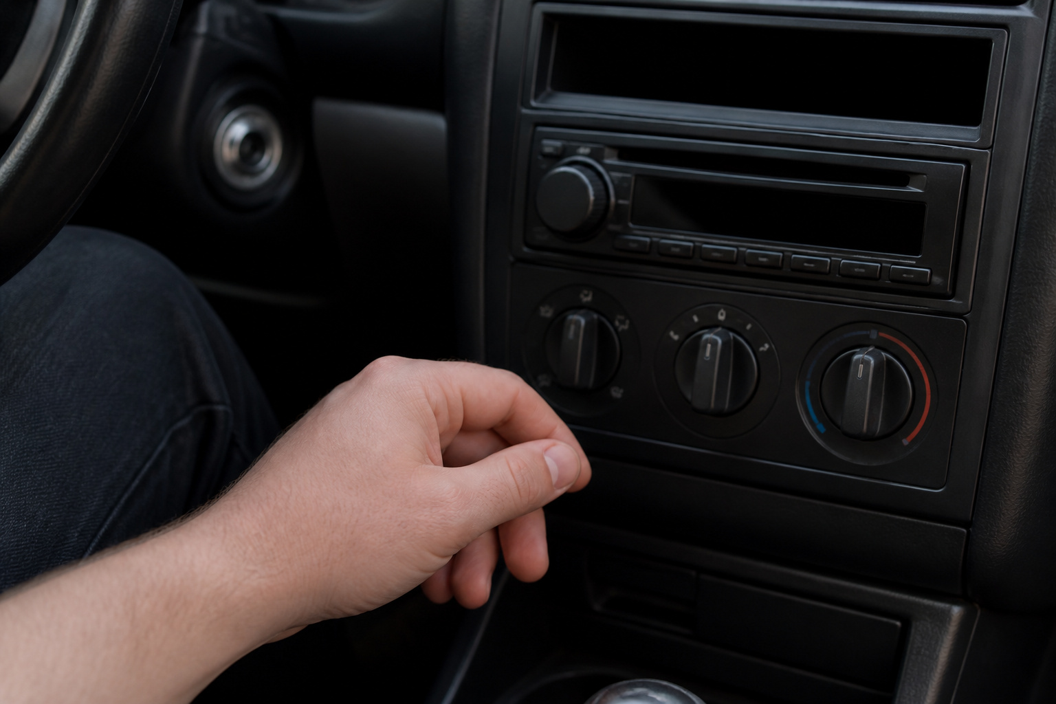 Hand near a car stereo with tone controls at neutral