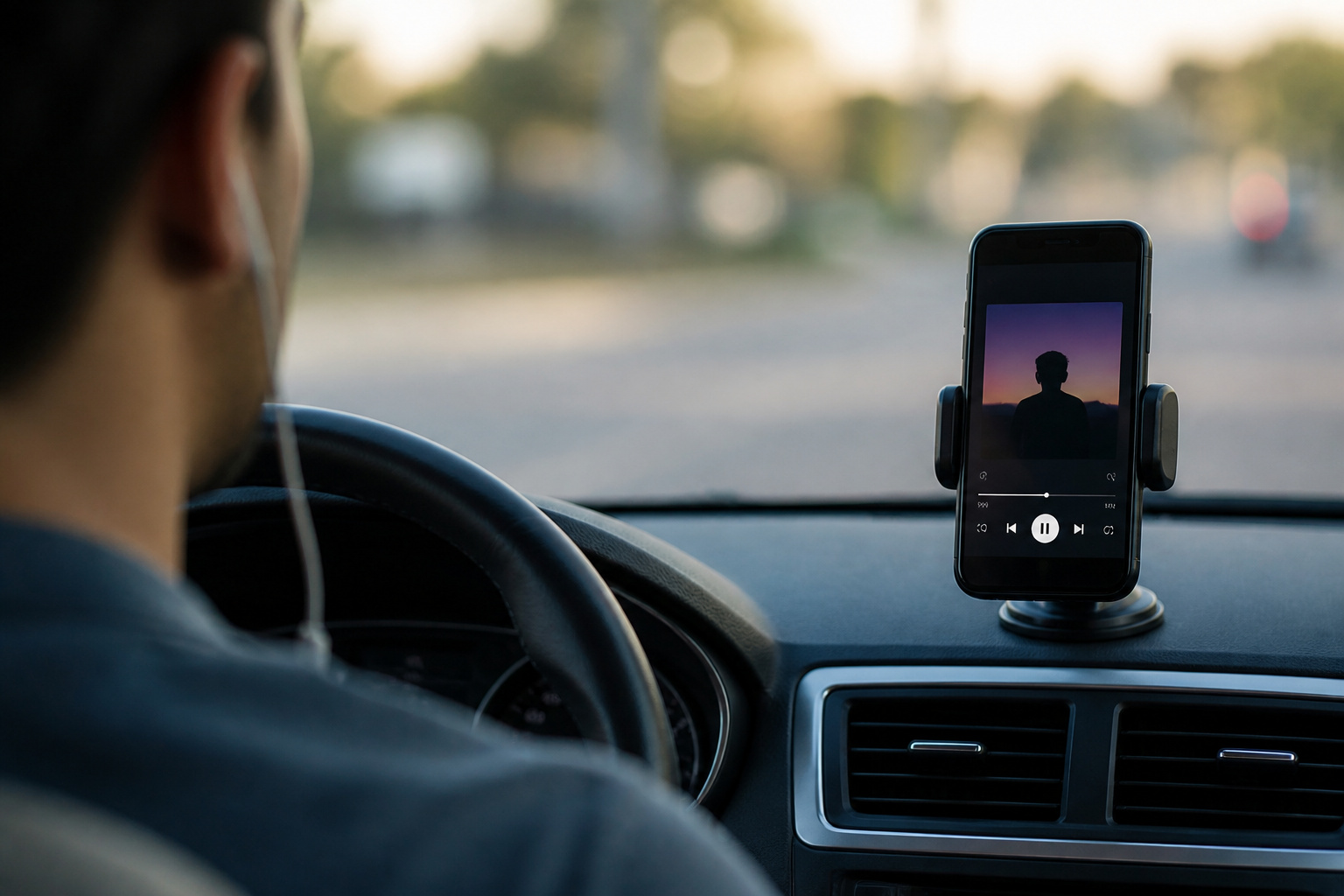 Driver listening to music from a phone on a dash mount