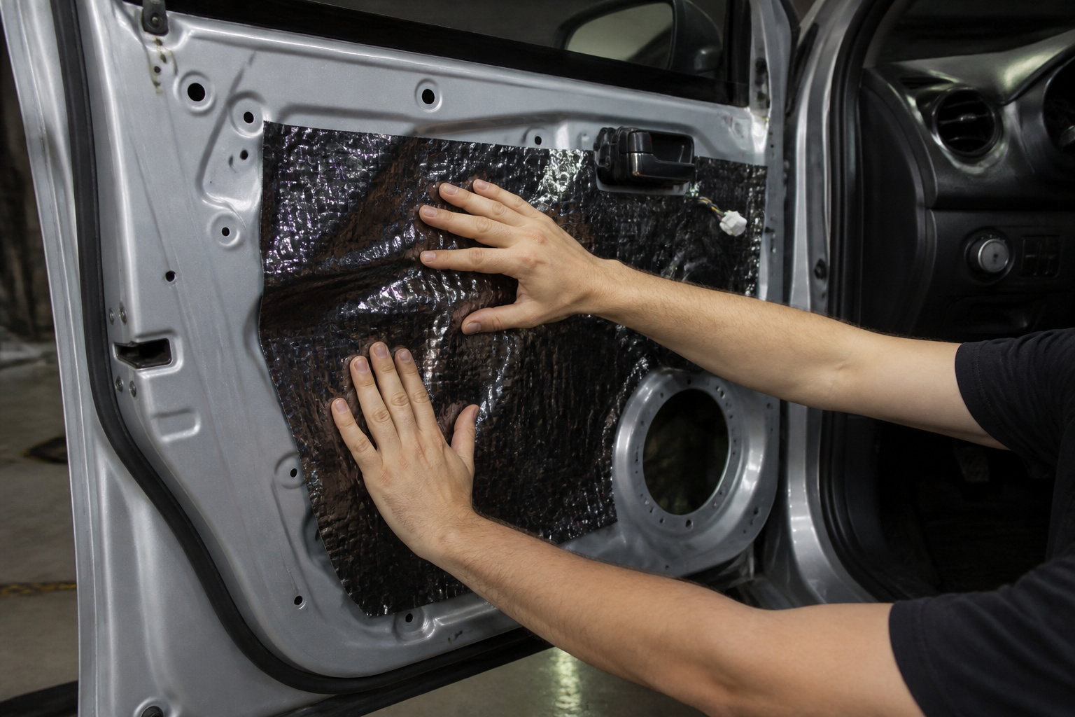 Car door with the panel removed and sound deadening being applied