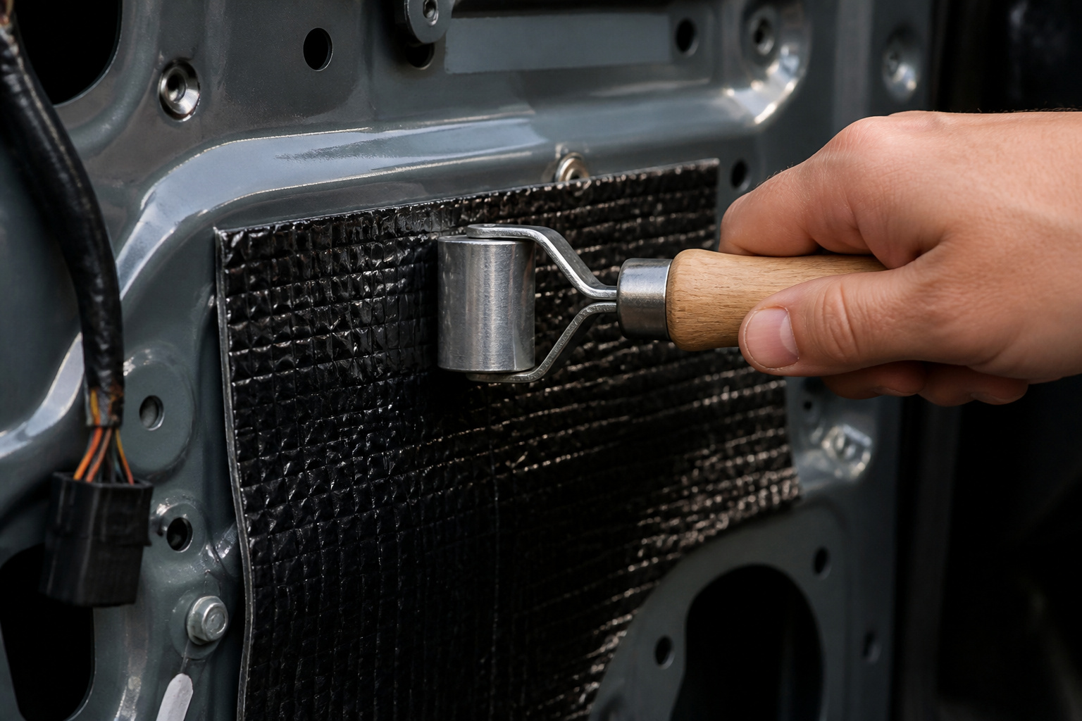 Roller pressing sound deadening sheet onto a car door