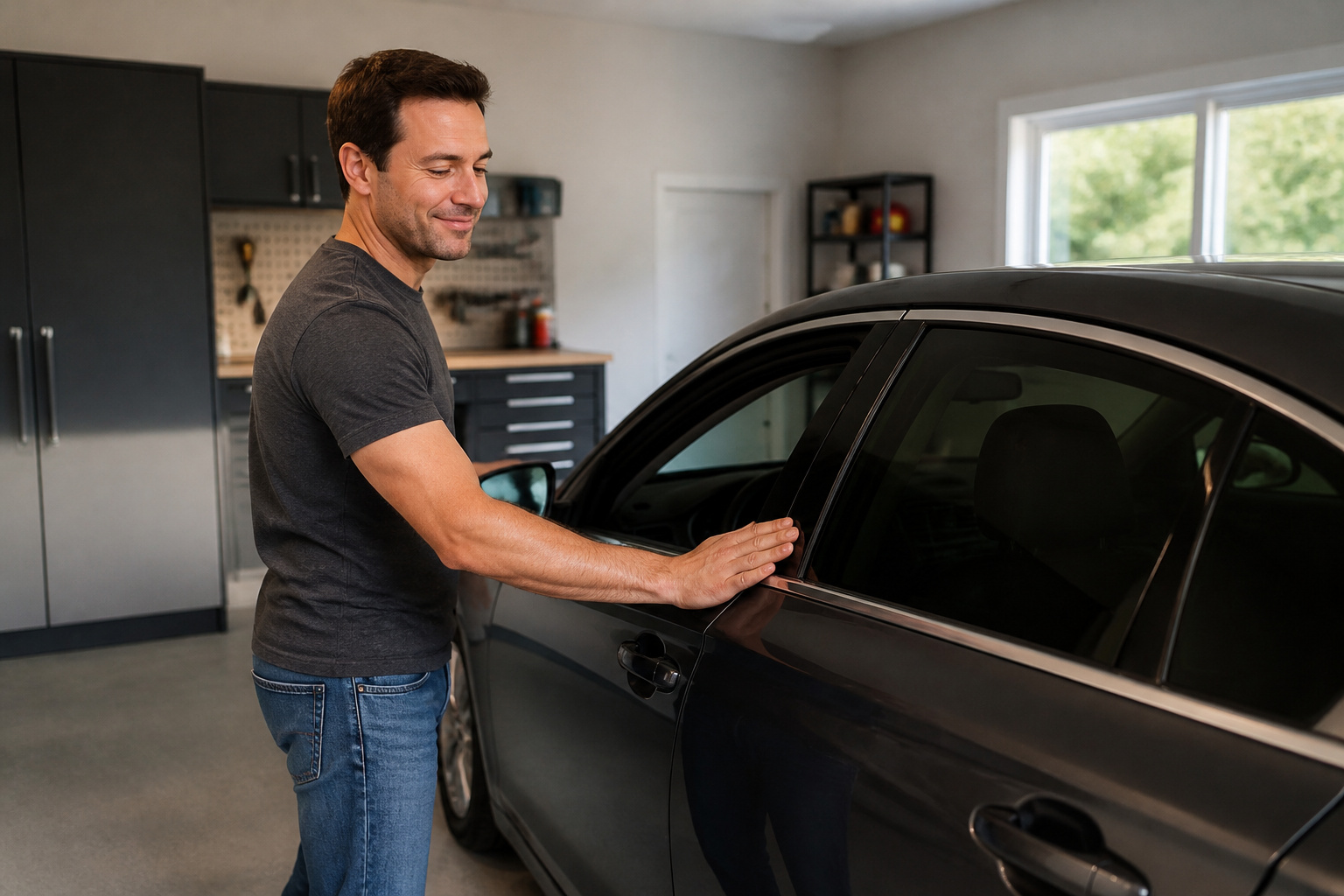 Person closing a car door after reassembling the panel