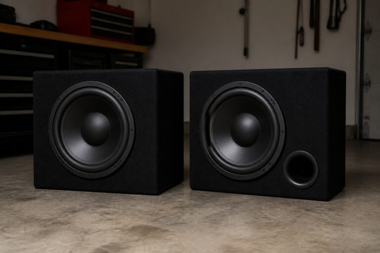 Sealed and ported subwoofer boxes side by side