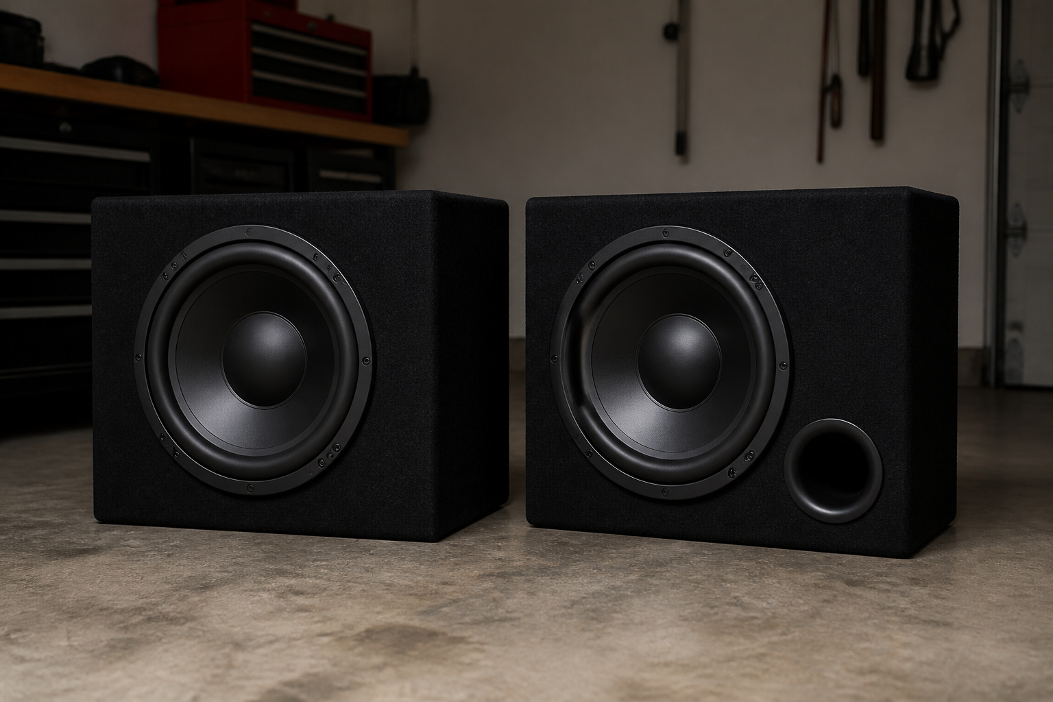 Sealed and ported subwoofer boxes side by side