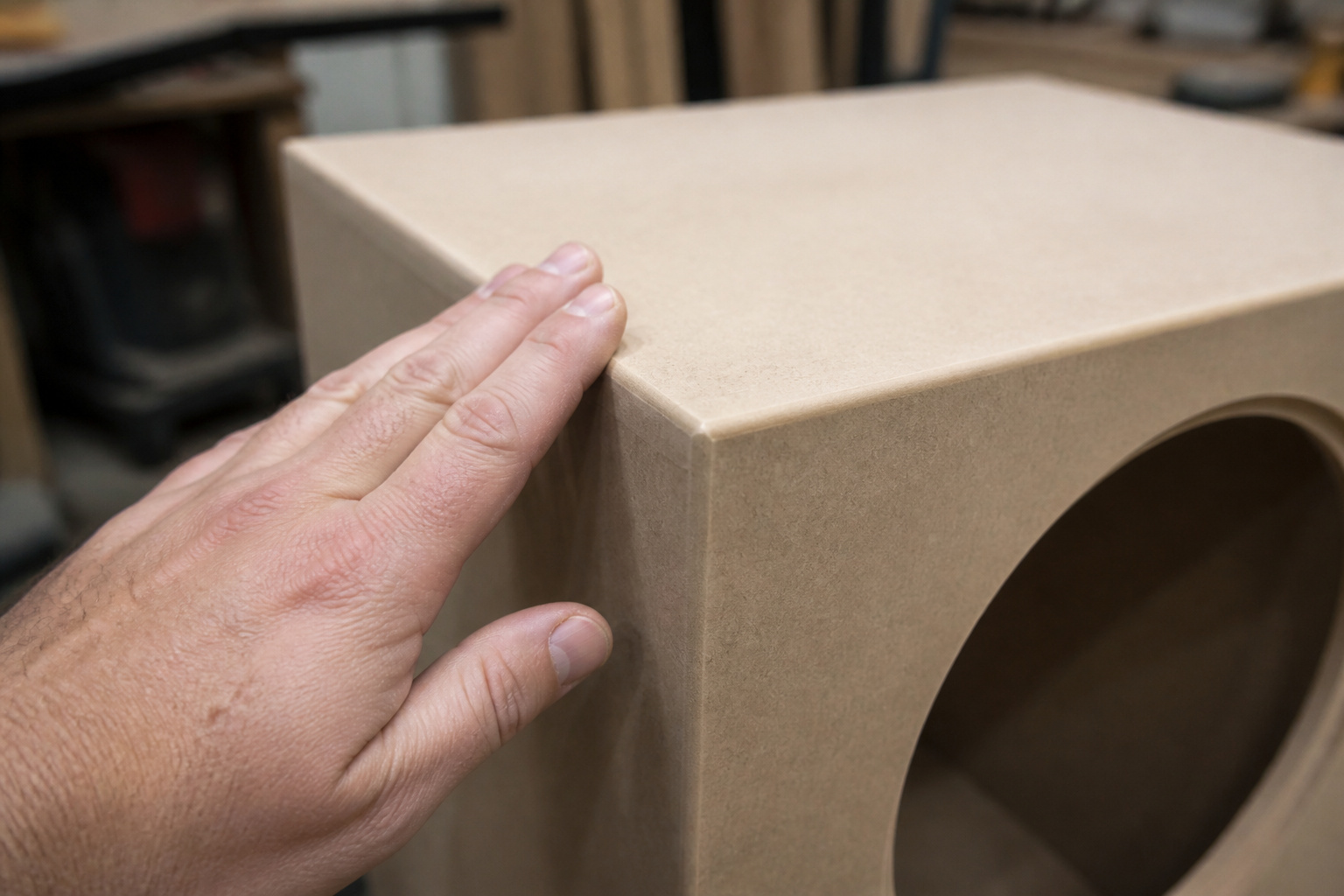 Hand along the sealed MDF joint of a subwoofer box