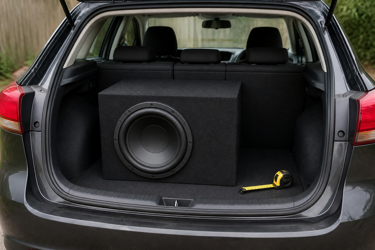 Hatchback trunk with a subwoofer box and a tape measure