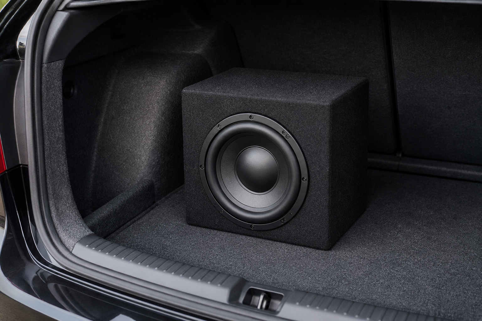 Compact sealed subwoofer box in a car trunk