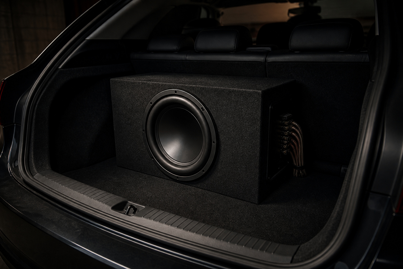 Clean car subwoofer install in an open trunk