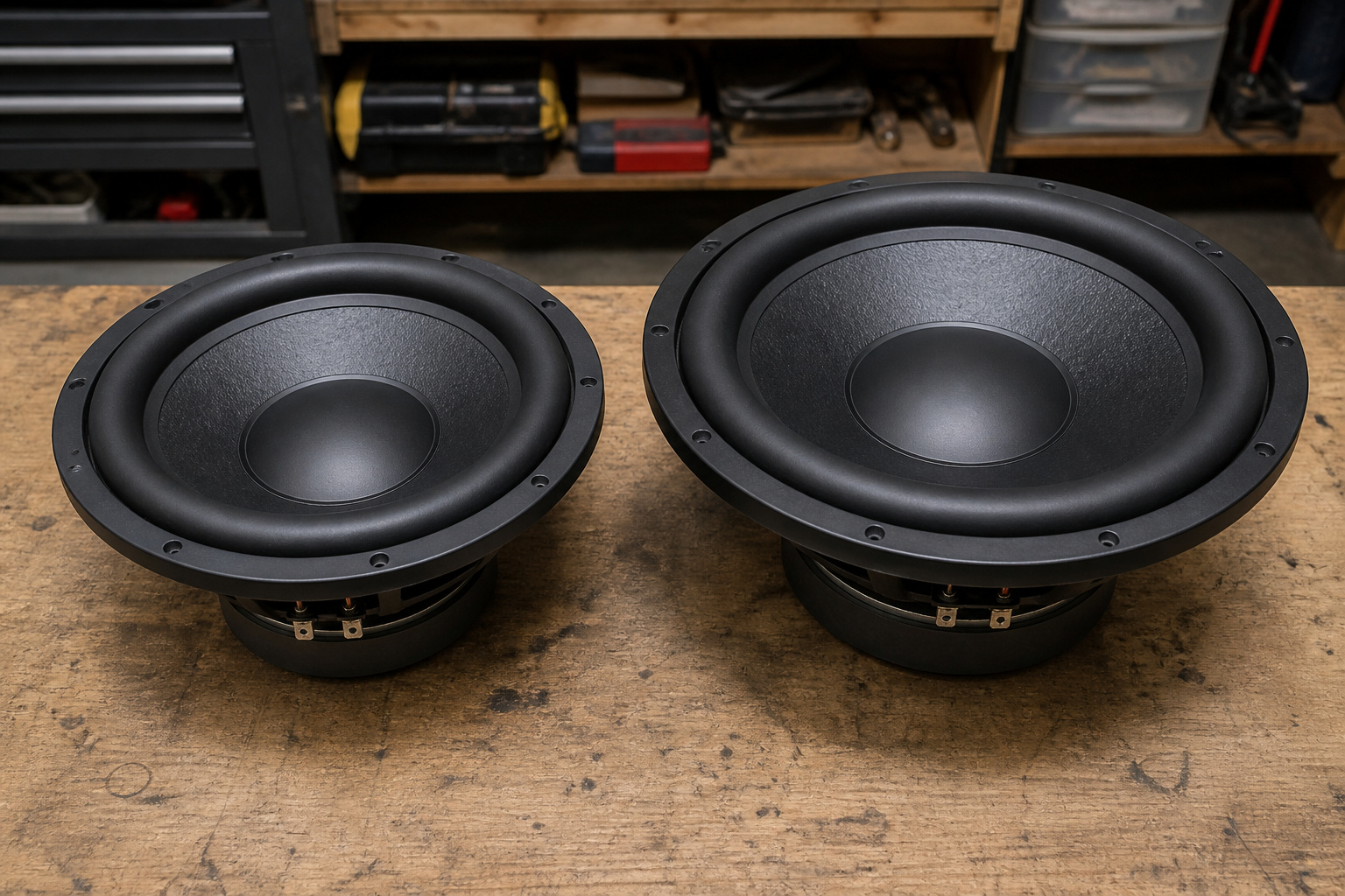 Ten-inch and twelve-inch car subwoofers side by side