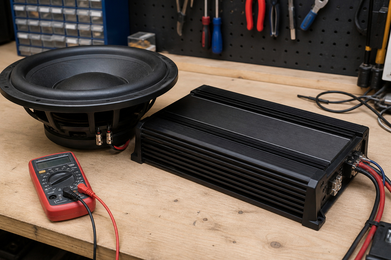 Car amplifier, subwoofer, and multimeter on a bench
