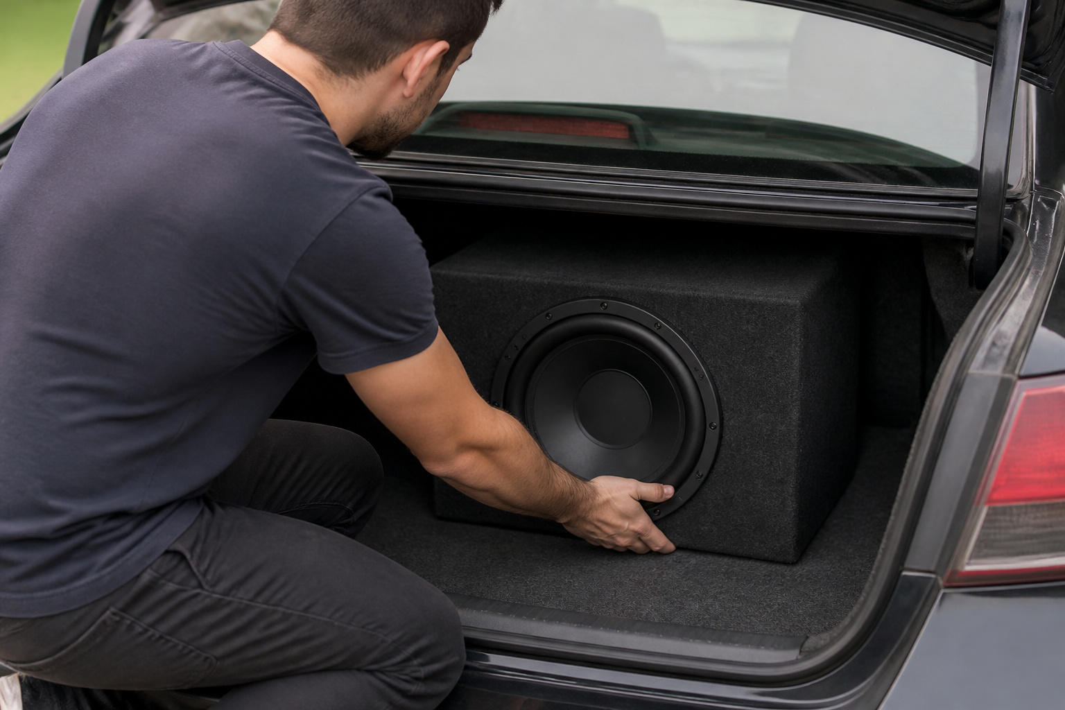 Person positioning a subwoofer box in a trunk