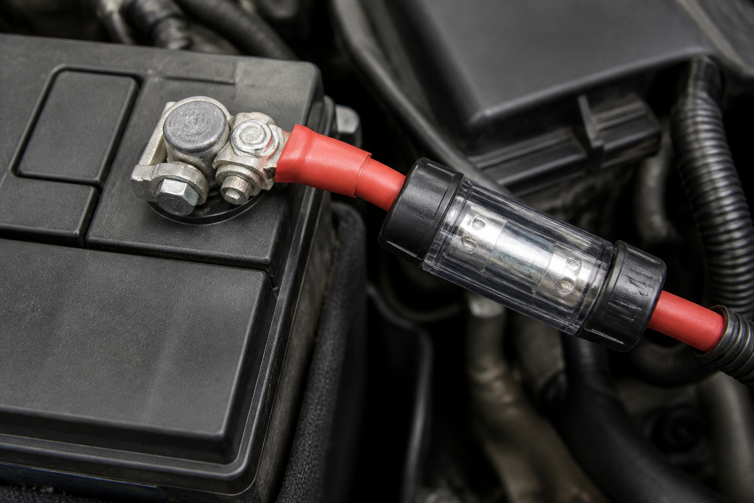 Car battery terminal with power wire and inline fuse