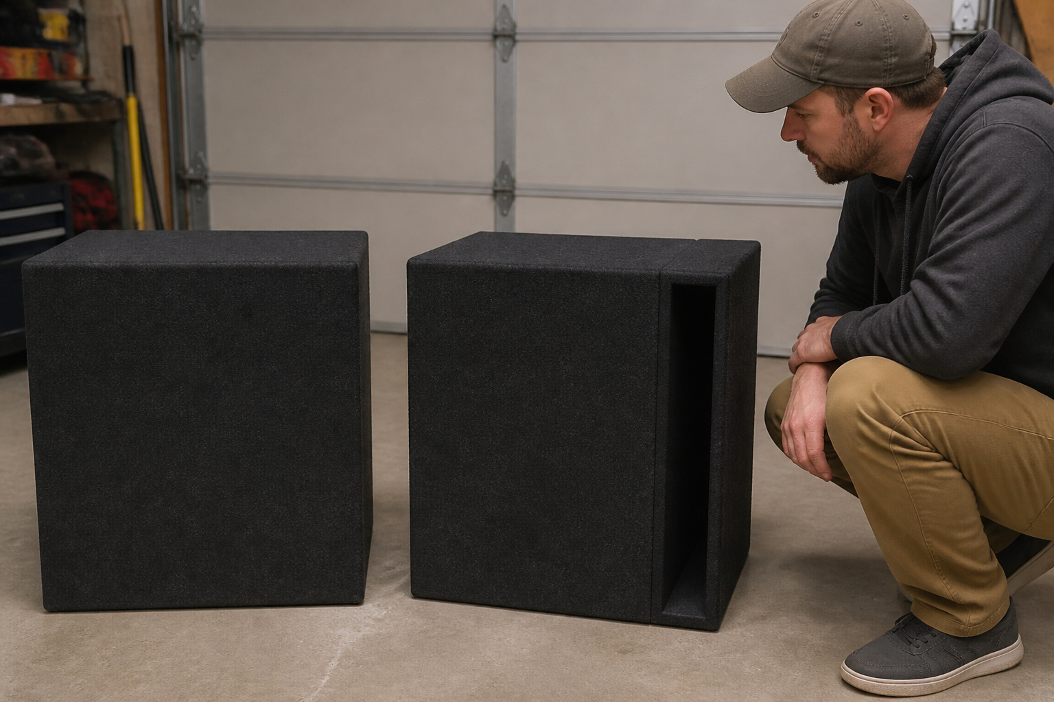 Person comparing sealed and ported subwoofer enclosures