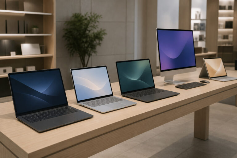 Assorted laptops and a monitor on a long table