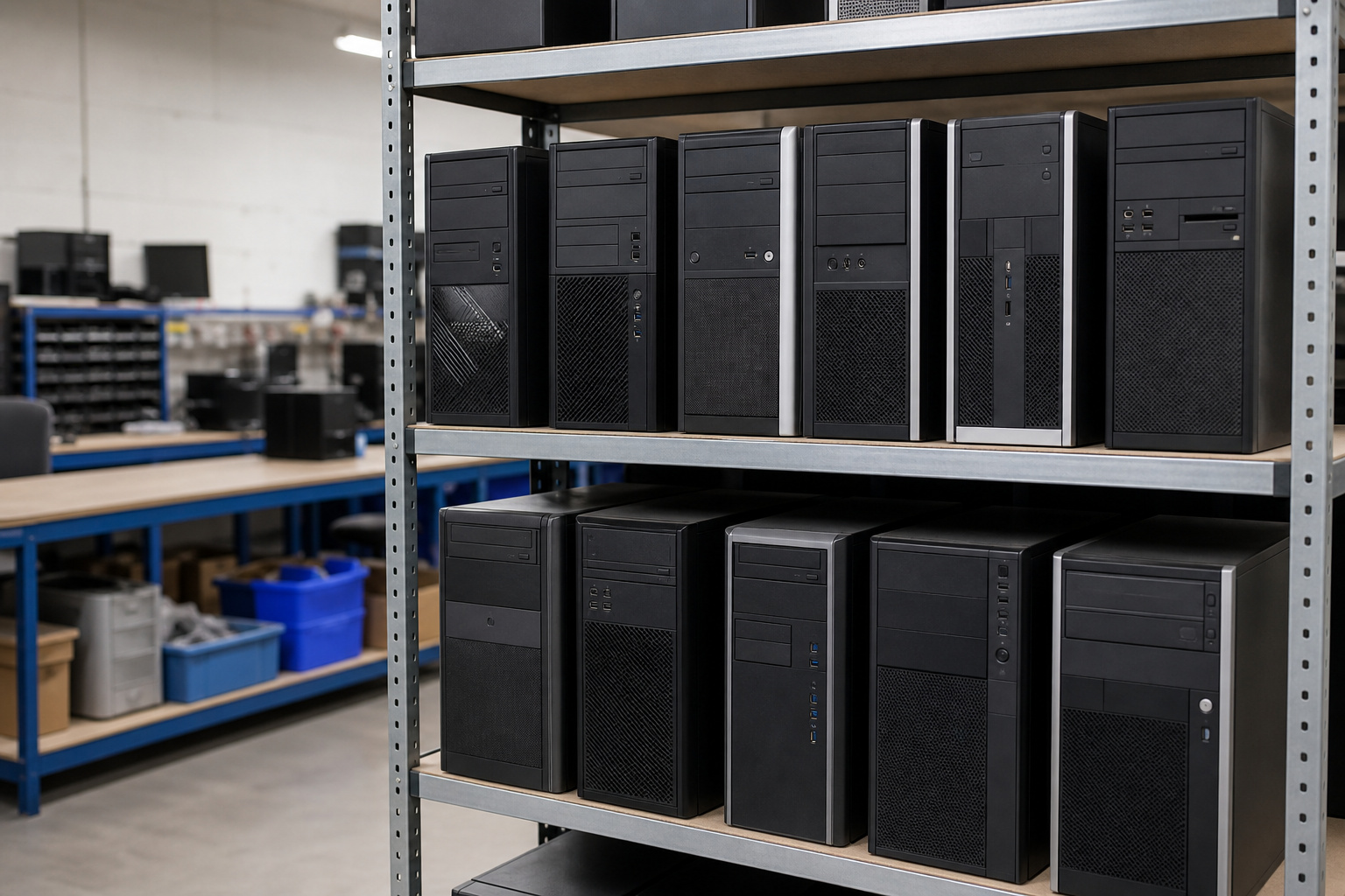Used office desktop towers stacked on a workshop shelf