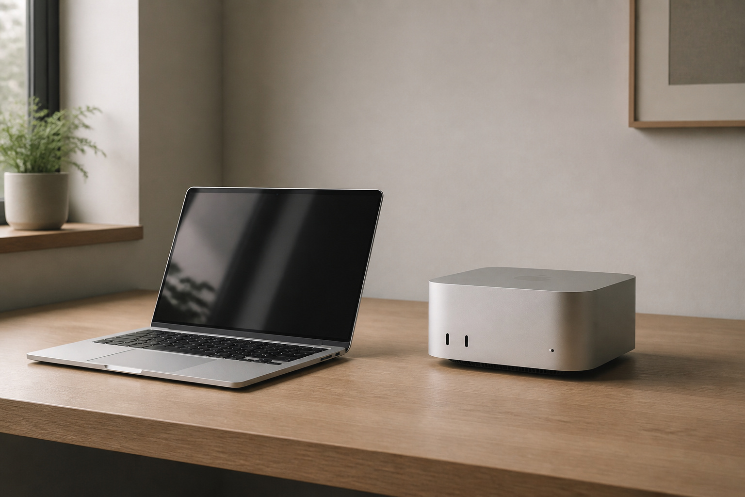 Thin silver laptop and small desktop on a minimalist desk