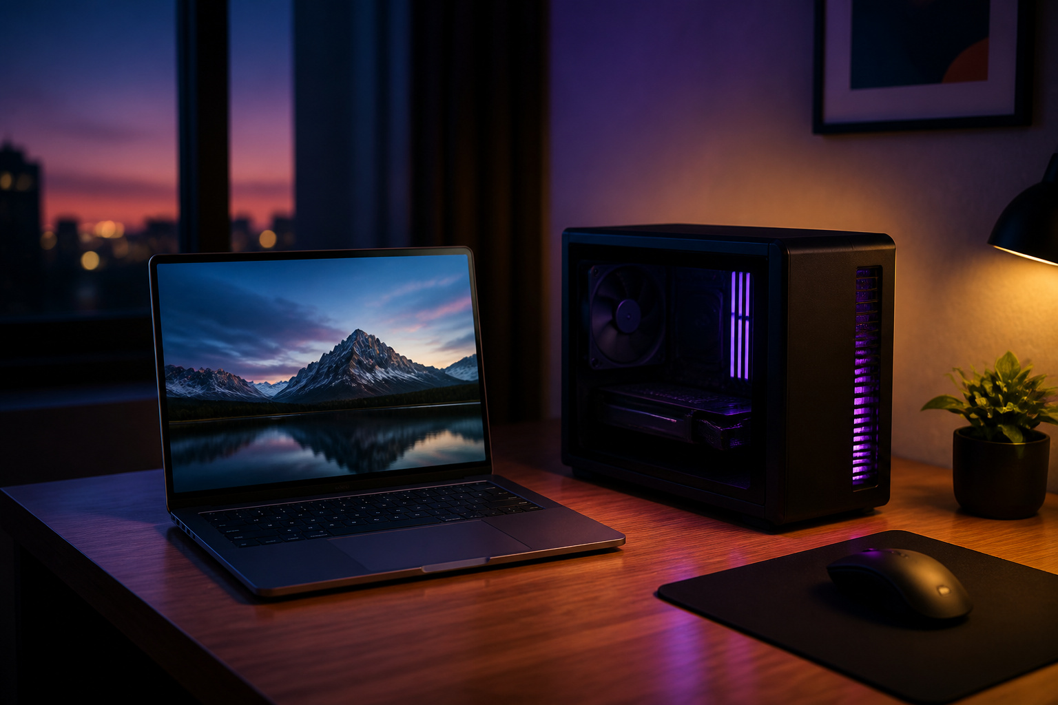 Slim laptop and gaming desktop on a desk
