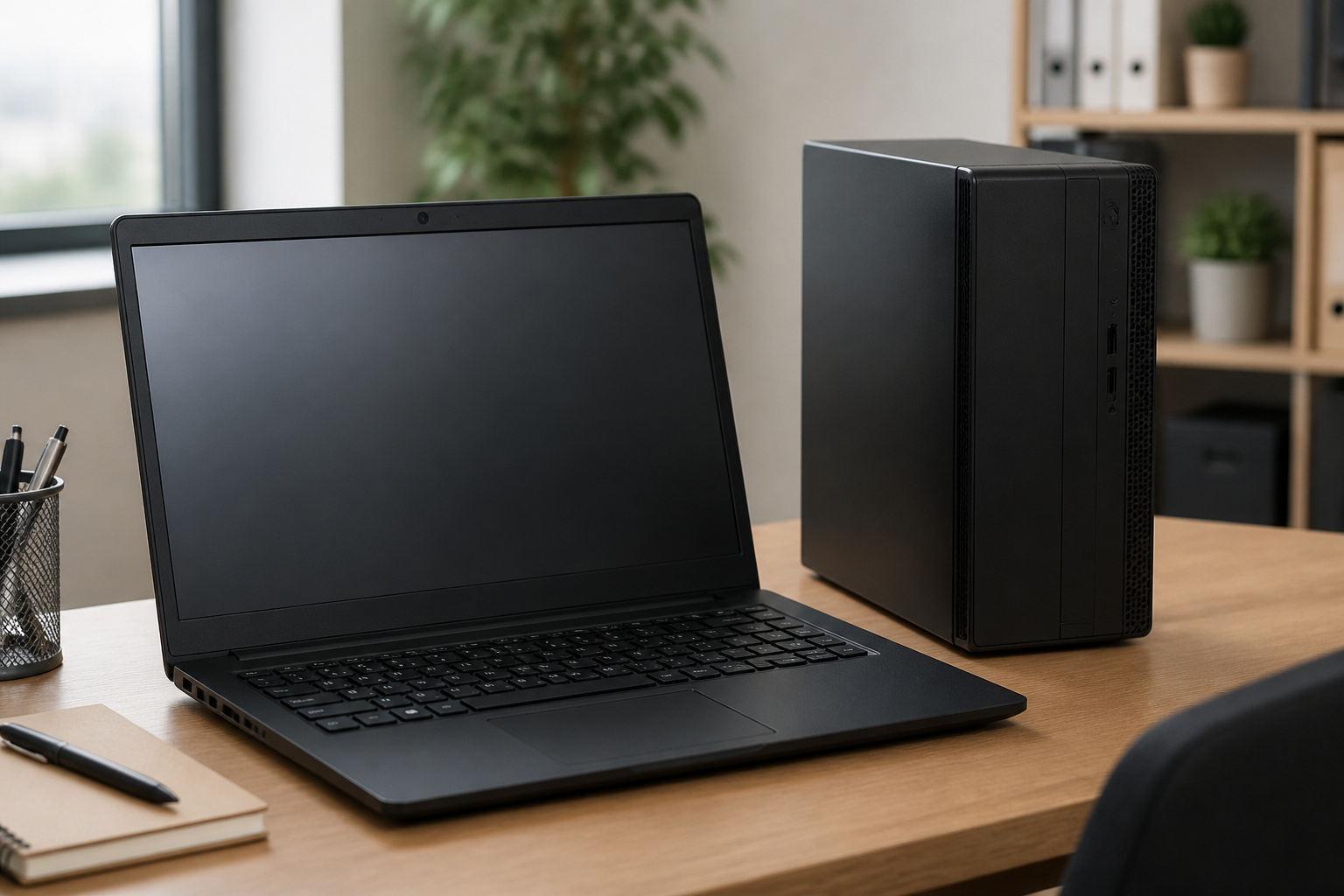 Business laptop and small desktop tower on an office desk