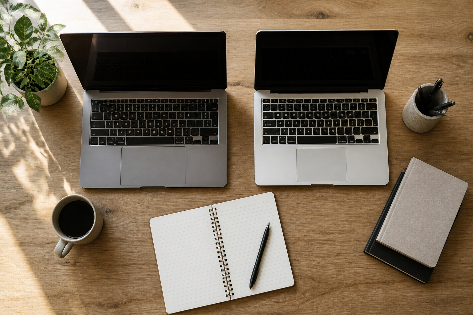Two laptops side by side with a notepad