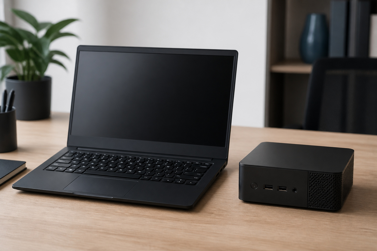 Business laptop beside a compact mini desktop