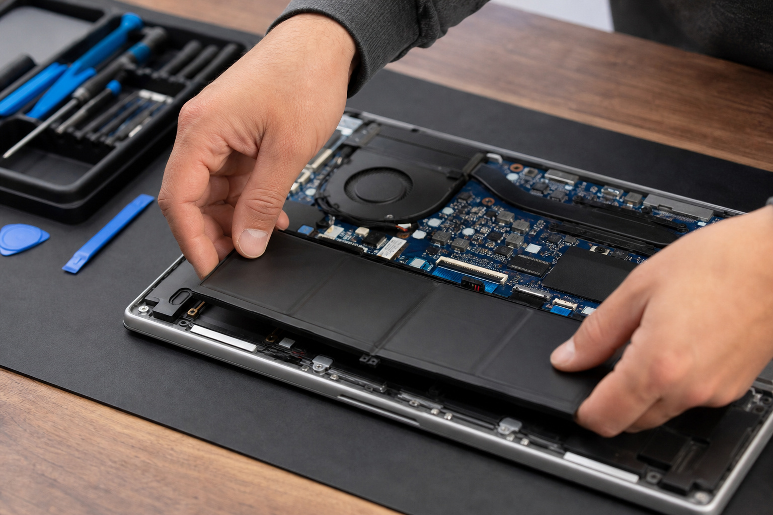 Technician replacing a laptop battery on a workbench
