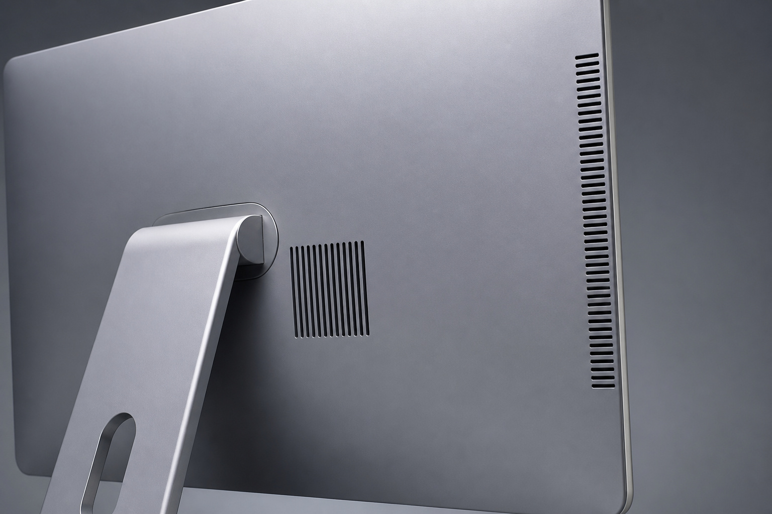 Back of an all-in-one computer showing a thin case and vents