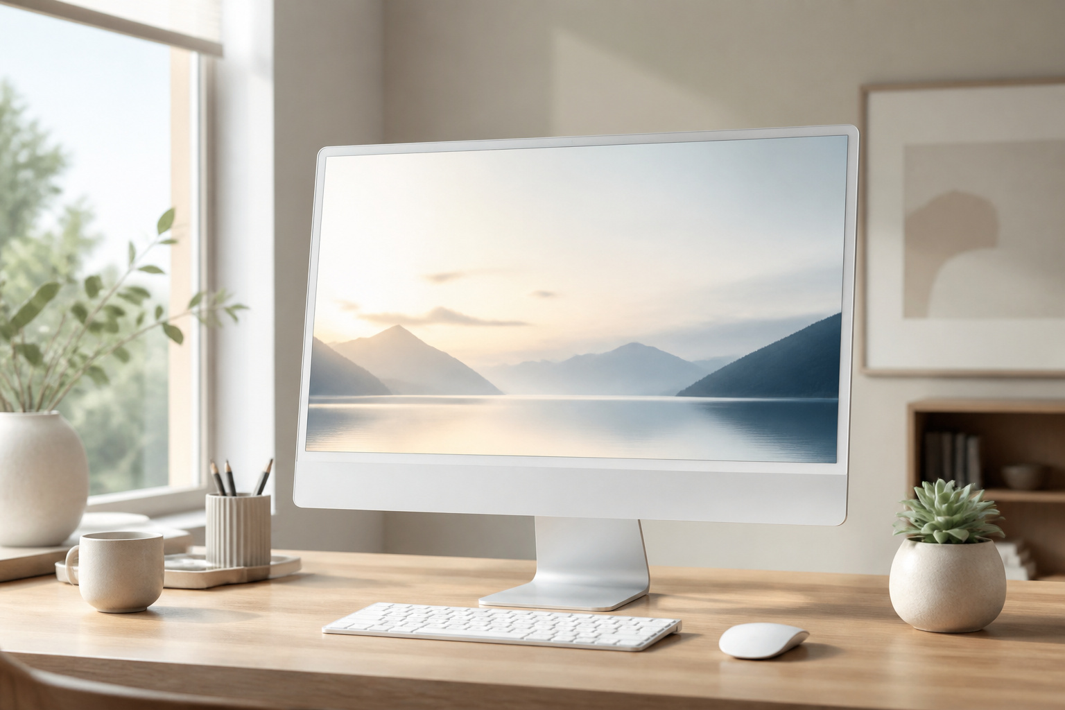 All-in-one computer on a tidy desk with minimal cables