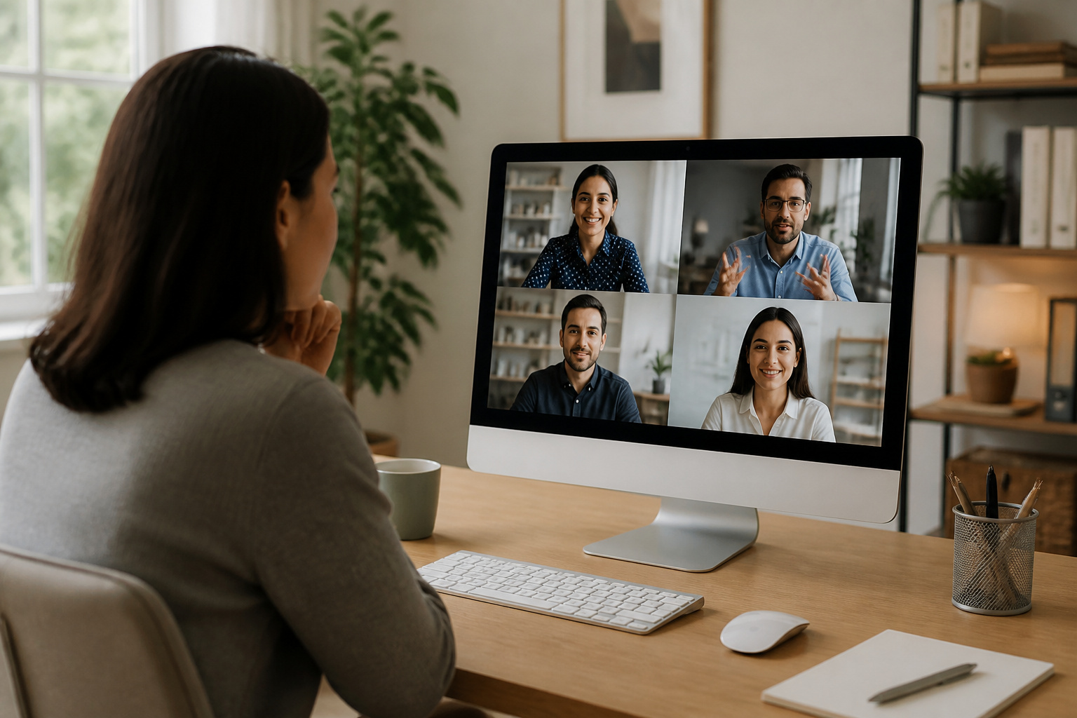 Person on a video call on a large all-in-one display