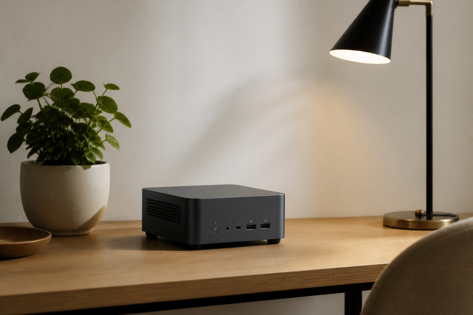 Small quiet mini PC on a calm minimalist desk