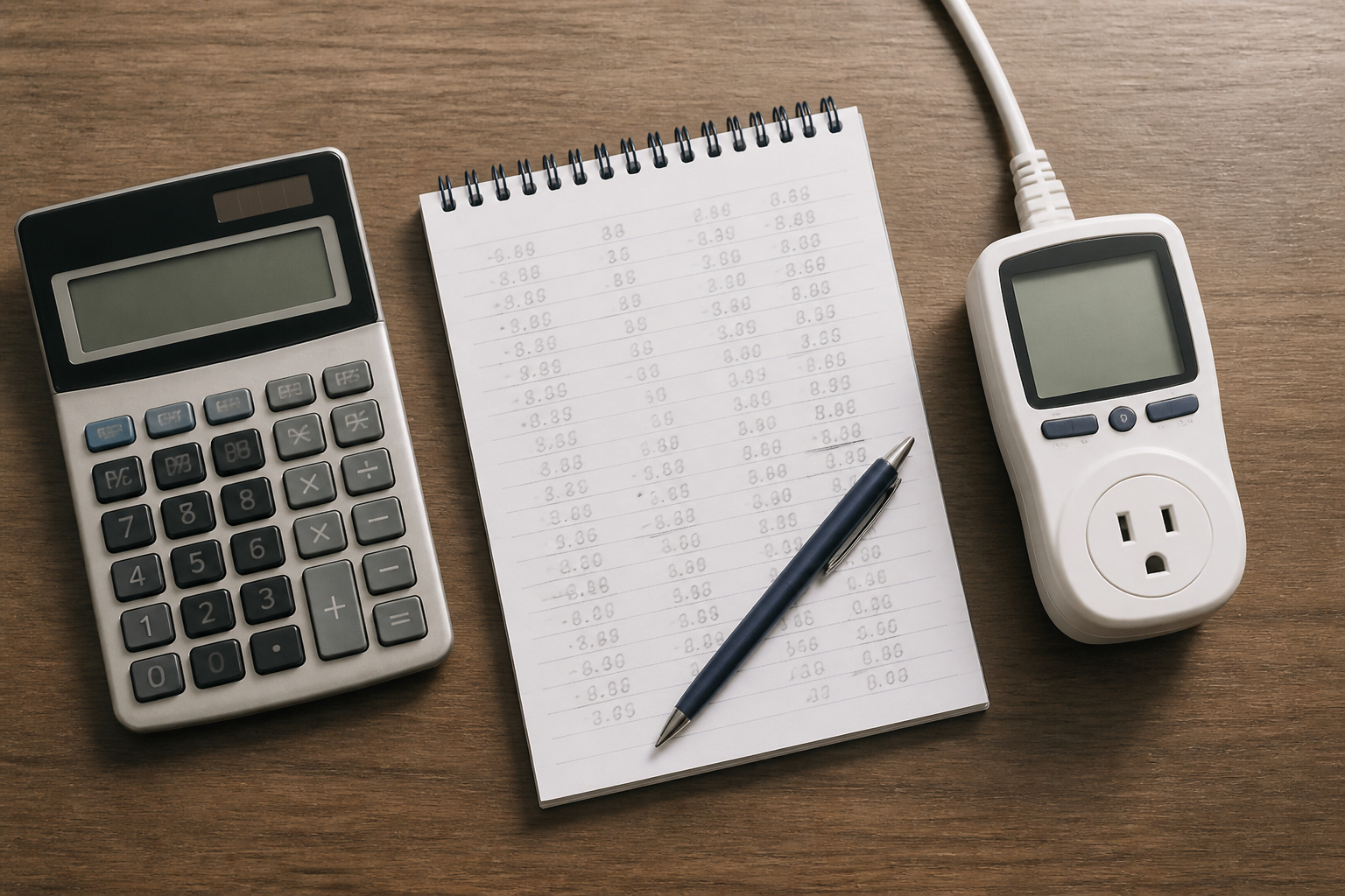 Calculator, notepad and plug-in power meter on a desk