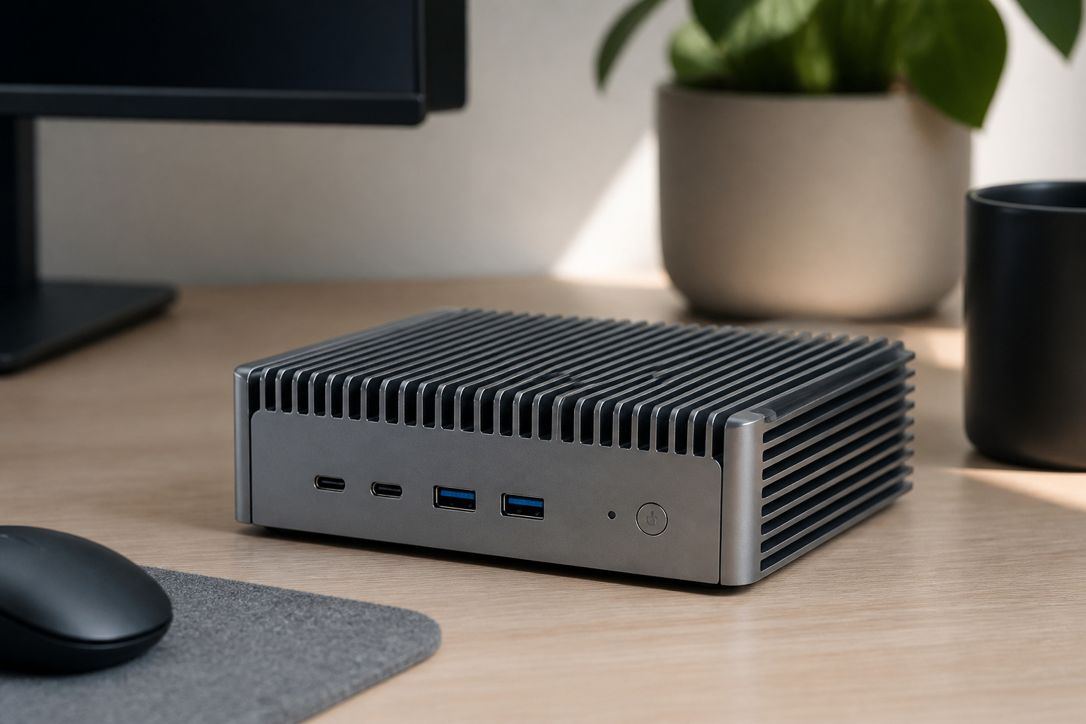 Fanless mini computer with a finned metal case