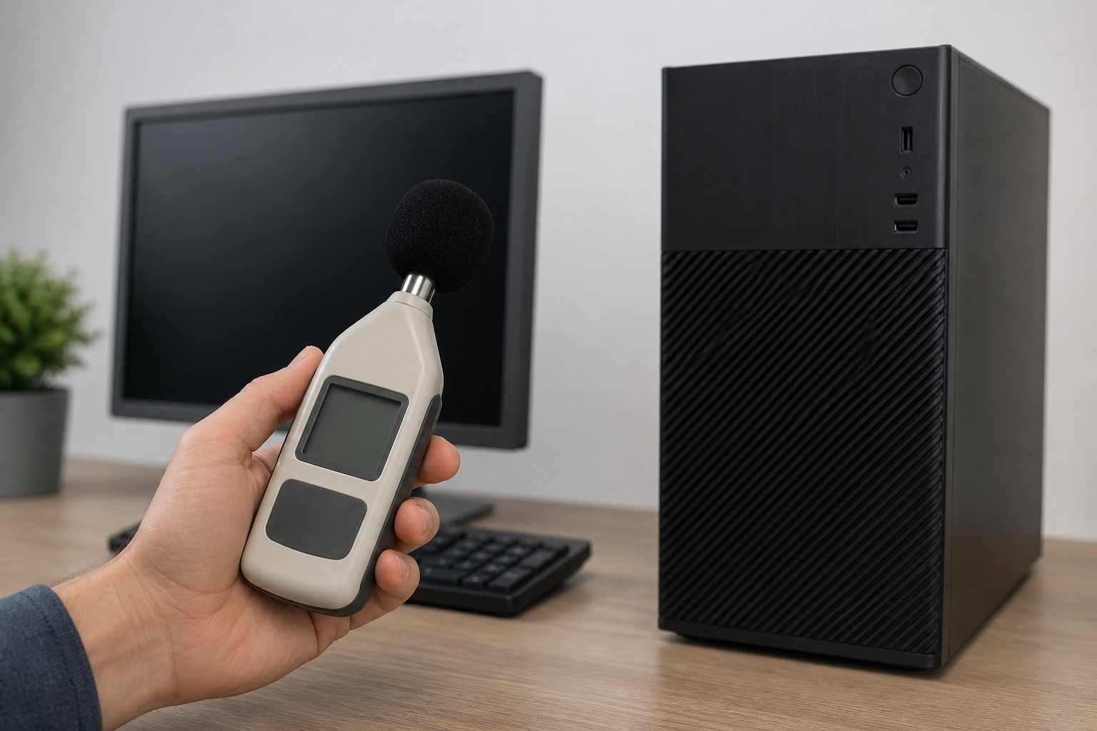 Sound level meter held near a desktop computer