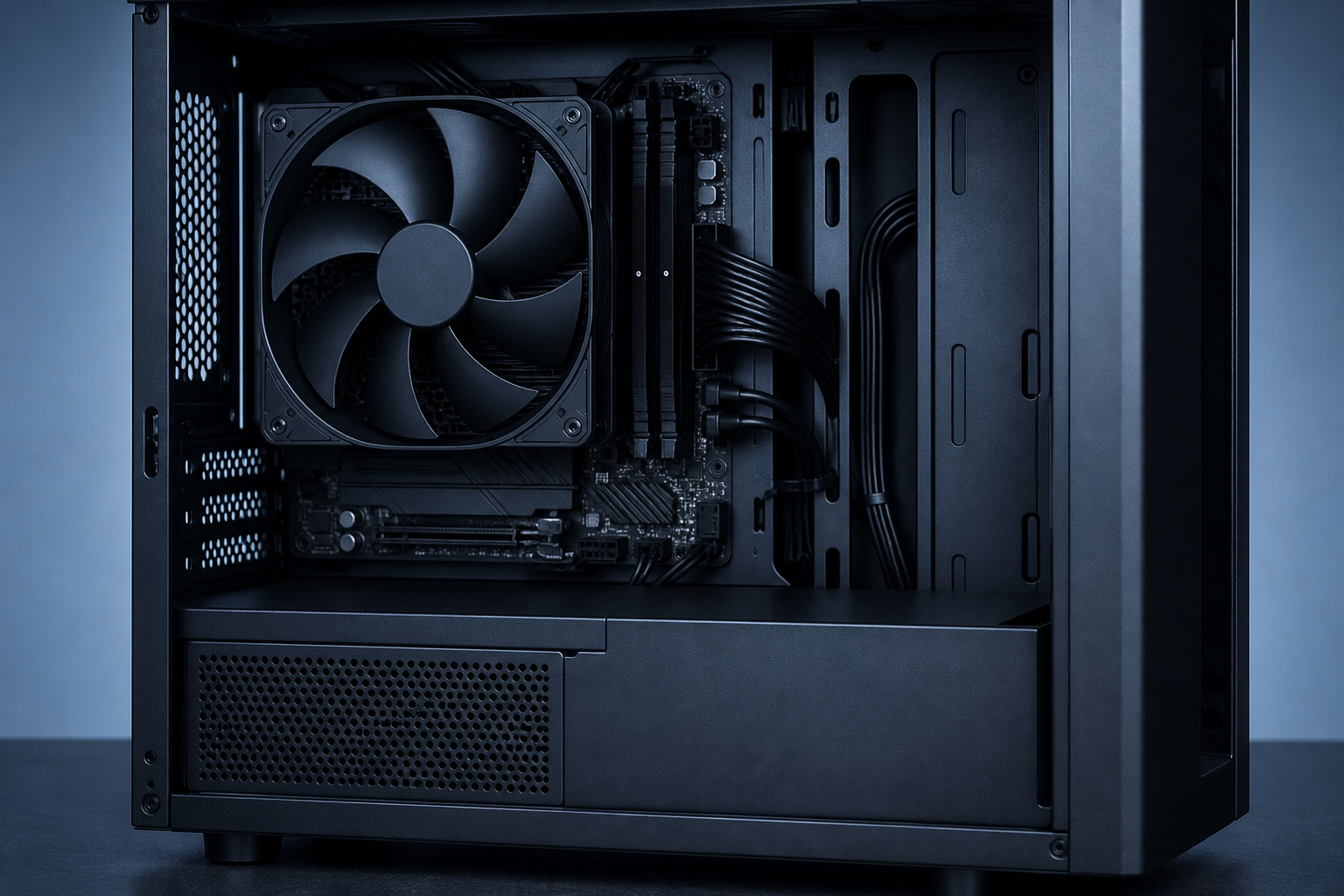 PC case interior with a large fan and a tidy power supply