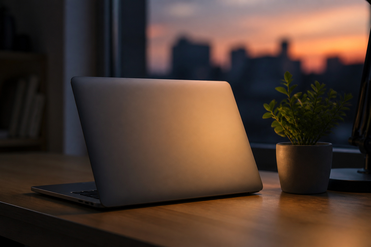 Laptop in sleep mode on a desk at dusk