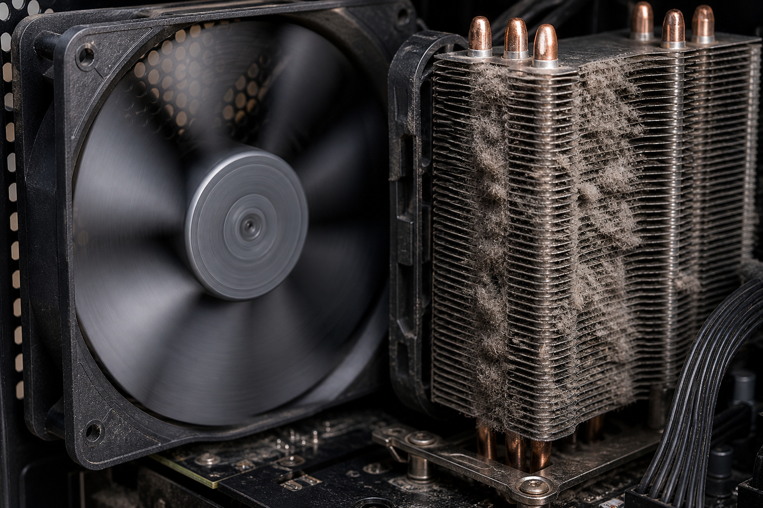 Computer case fan and dusty heatsink inside an open PC