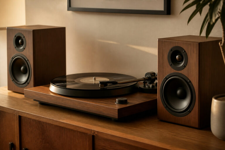 Turntable playing a vinyl record between two bookshelf speakers