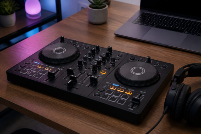 Beginner DJ controller with laptop and headphones on a desk