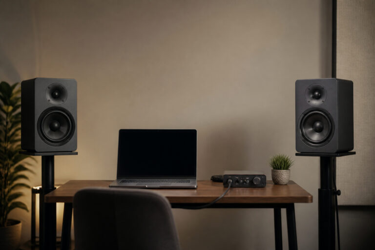 Studio monitors on stands in a home studio
