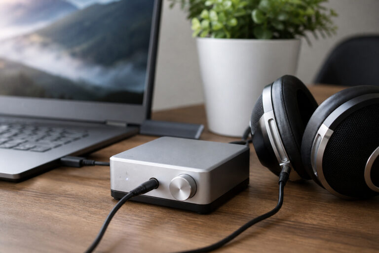 Small USB DAC with headphones and a laptop on a desk