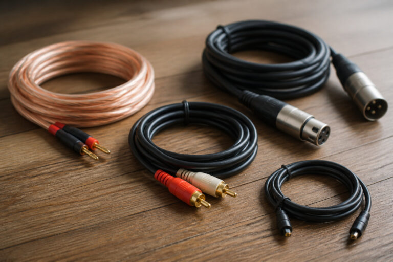 Assorted audio cables coiled on a wooden table