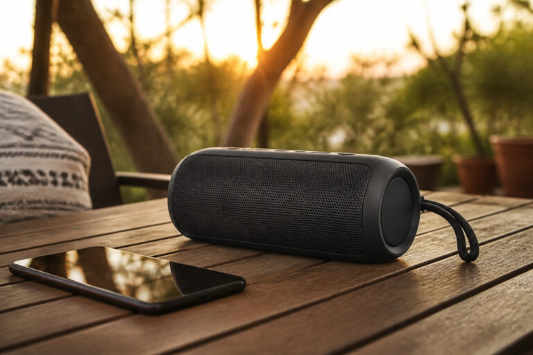 Portable Bluetooth speaker on an outdoor table with a smartphone